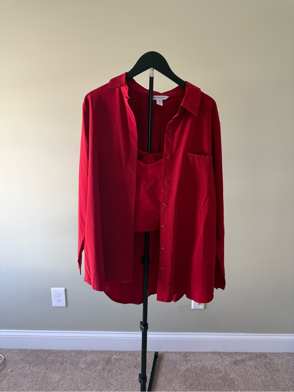 NWT Athleta Bold Red Button-Down (L) w Matching Crop Tank (XL)
